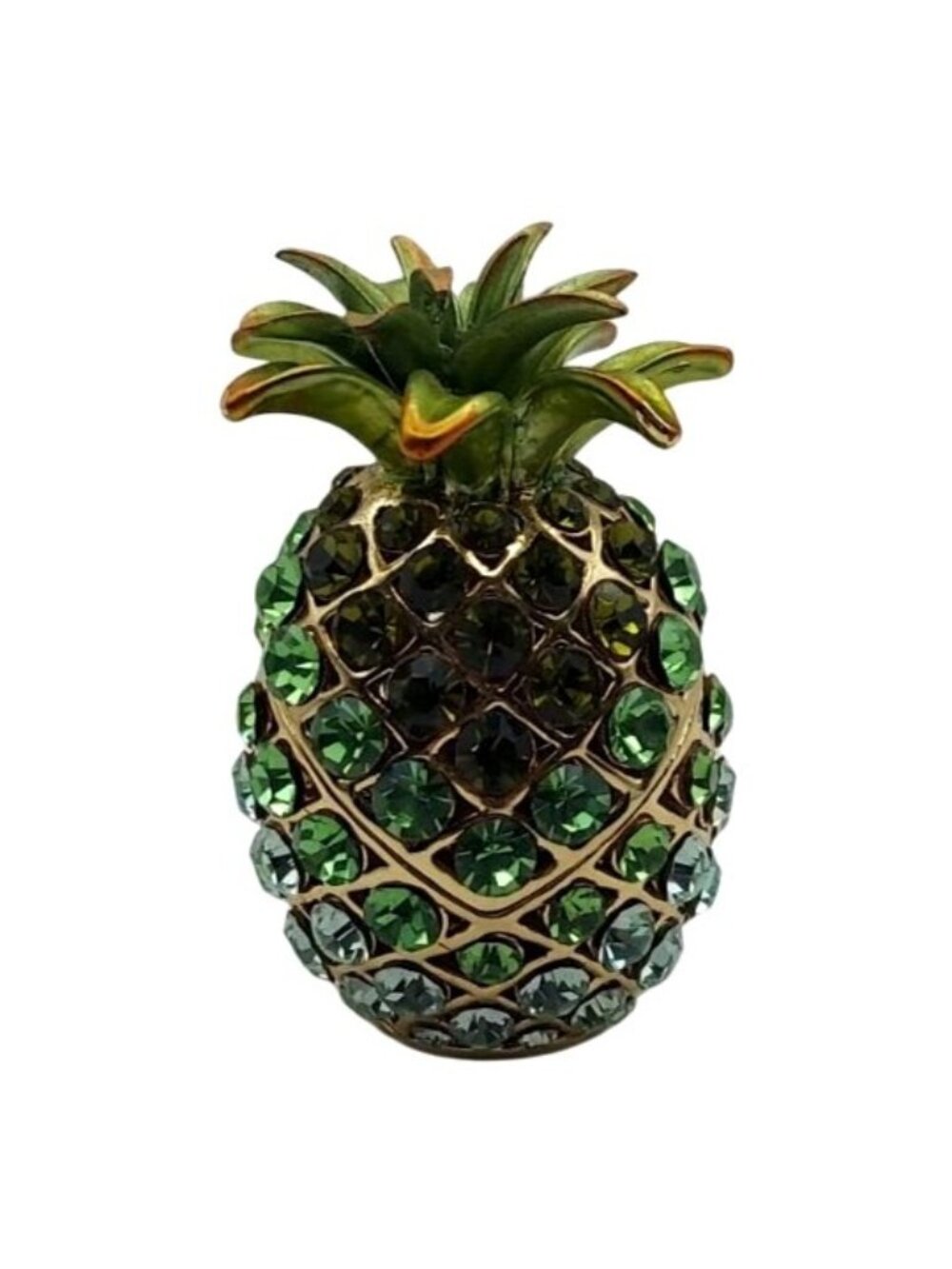 Jeweled Pineapple Hinged Magnetic Trinket Box Goldtone Enamel Blue Green Crystal